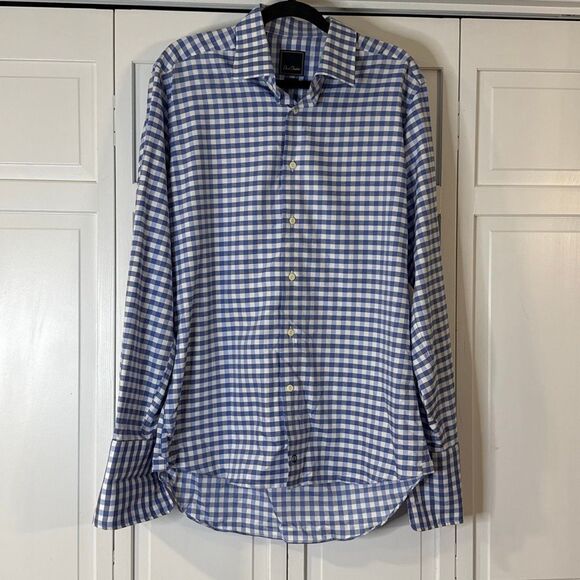 David Donahue blue gingham cuff dress shirt trim fit size large - Picture 2 of 10